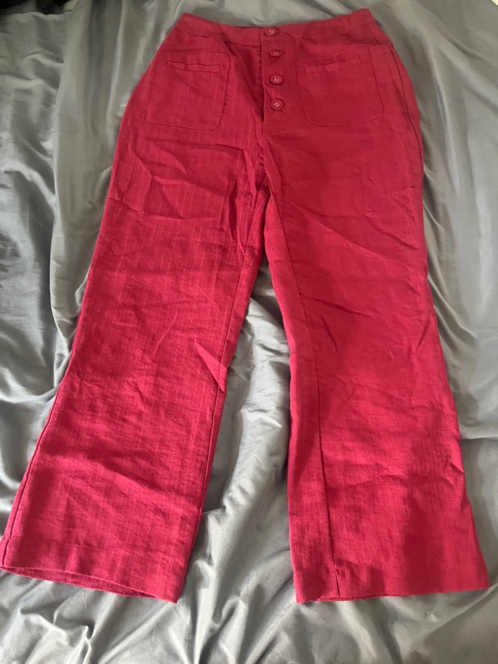 High-Waist Button Front Red Linen Pants